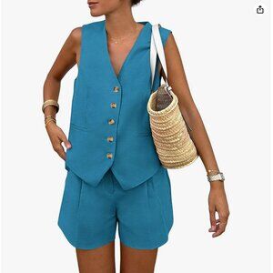 NWT 2 Piece Lake Blue V Neck Vest and Matching Shorts with Pockets